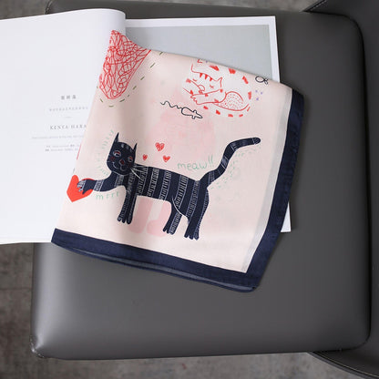 Pink Cat Pattern 100% mulberry Silk Scarf/Silk head scarf/Silk hair scarf/Silk neck scarf/Mother&