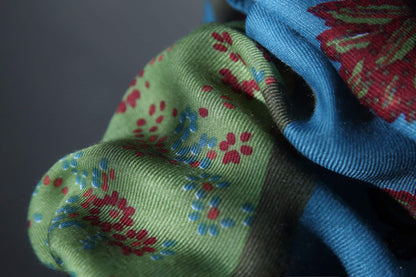 Unique Vintage Inspired Scarf - Screen Printed Twill Woven Shawl - Blue and Green Clashing Print