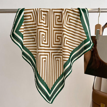 Vintage Fret Pattern Square Scarf/Retro Pattern Cotton and Linen Texture Shawl/Head Scarf for Women/Perfect Gift for Her