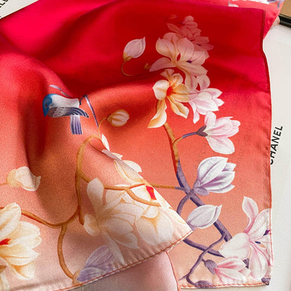 Rouge Red Flower Bird 100% mulberry Silk Scarf/Silk head scarf/Silk hair scarf/Silk neck scarf/Mother&