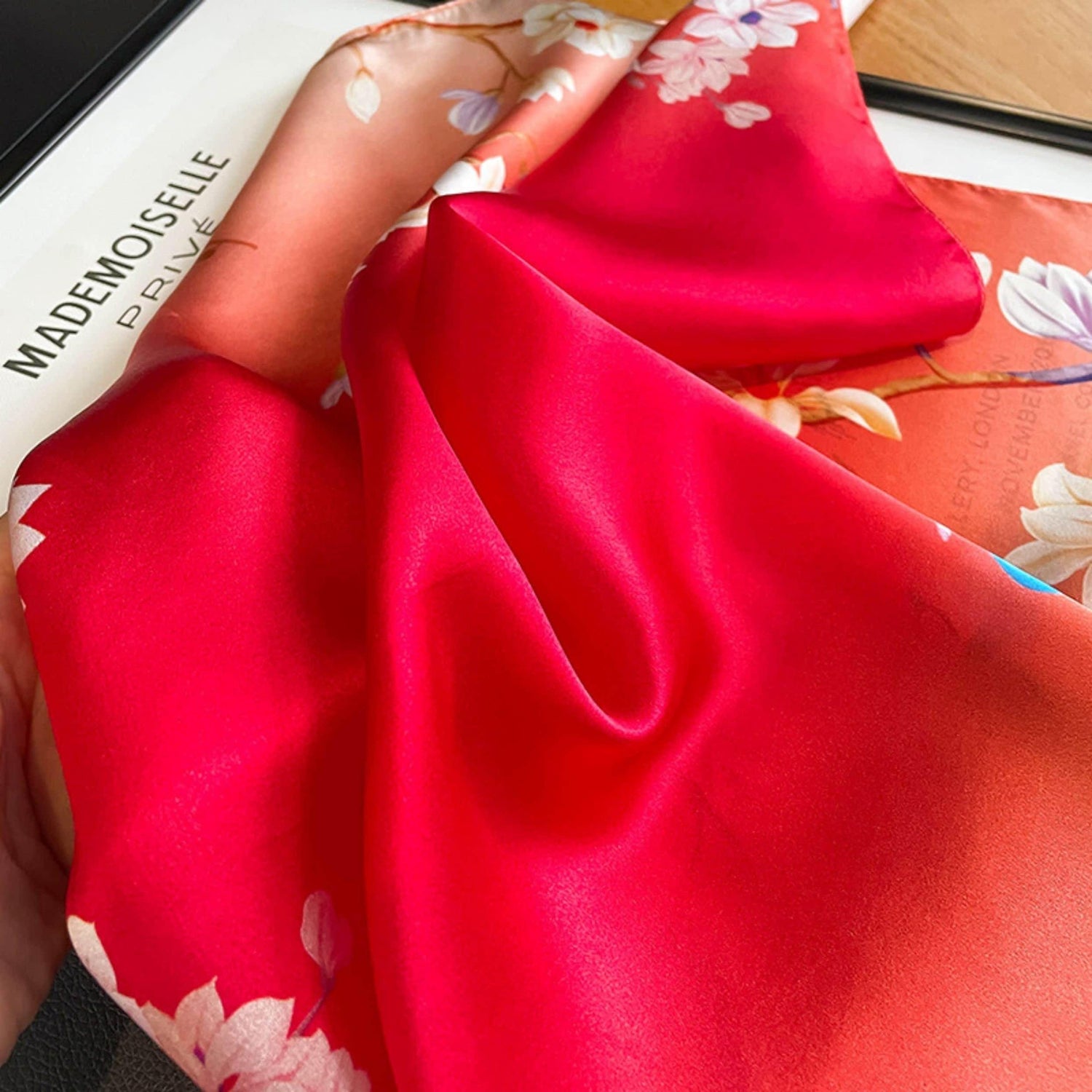 Rouge Red Flower Bird 100% mulberry Silk Scarf/Silk head scarf/Silk hair scarf/Silk neck scarf/Mother&
