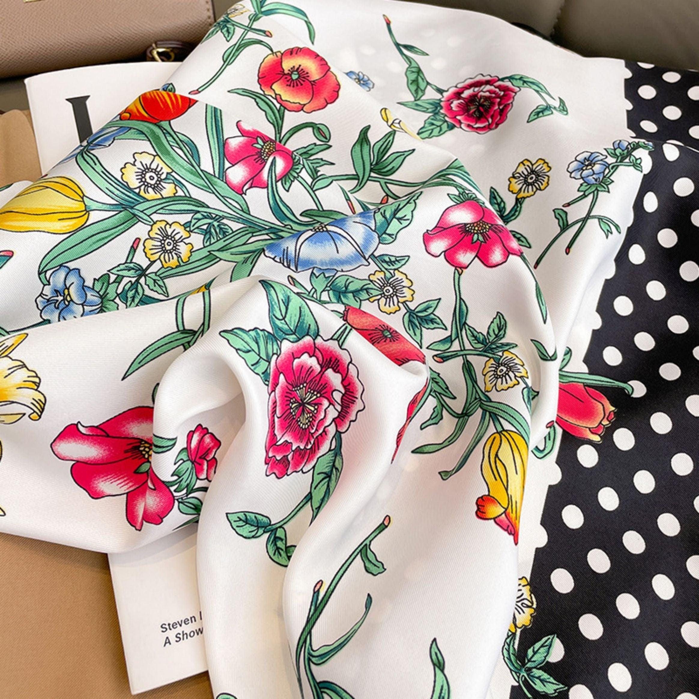 Vintage polka dots prints 70cm square scarf, Silk textured scarf, Sun protection satin scarf, Neck scarf, Satin Shawl, Gift