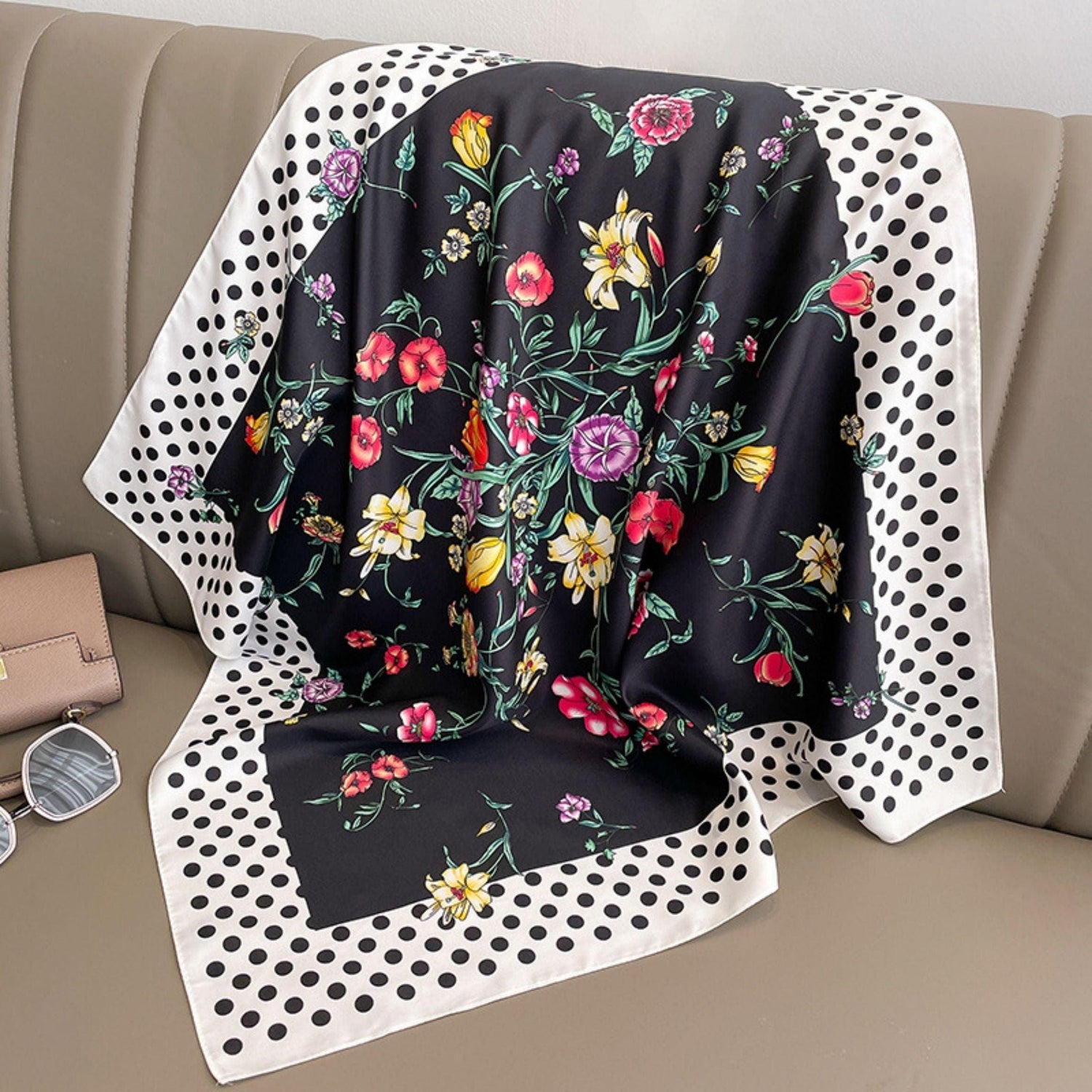 Vintage polka dots prints 70cm square scarf, Silk textured scarf, Sun protection satin scarf, Neck scarf, Satin Shawl, Gift