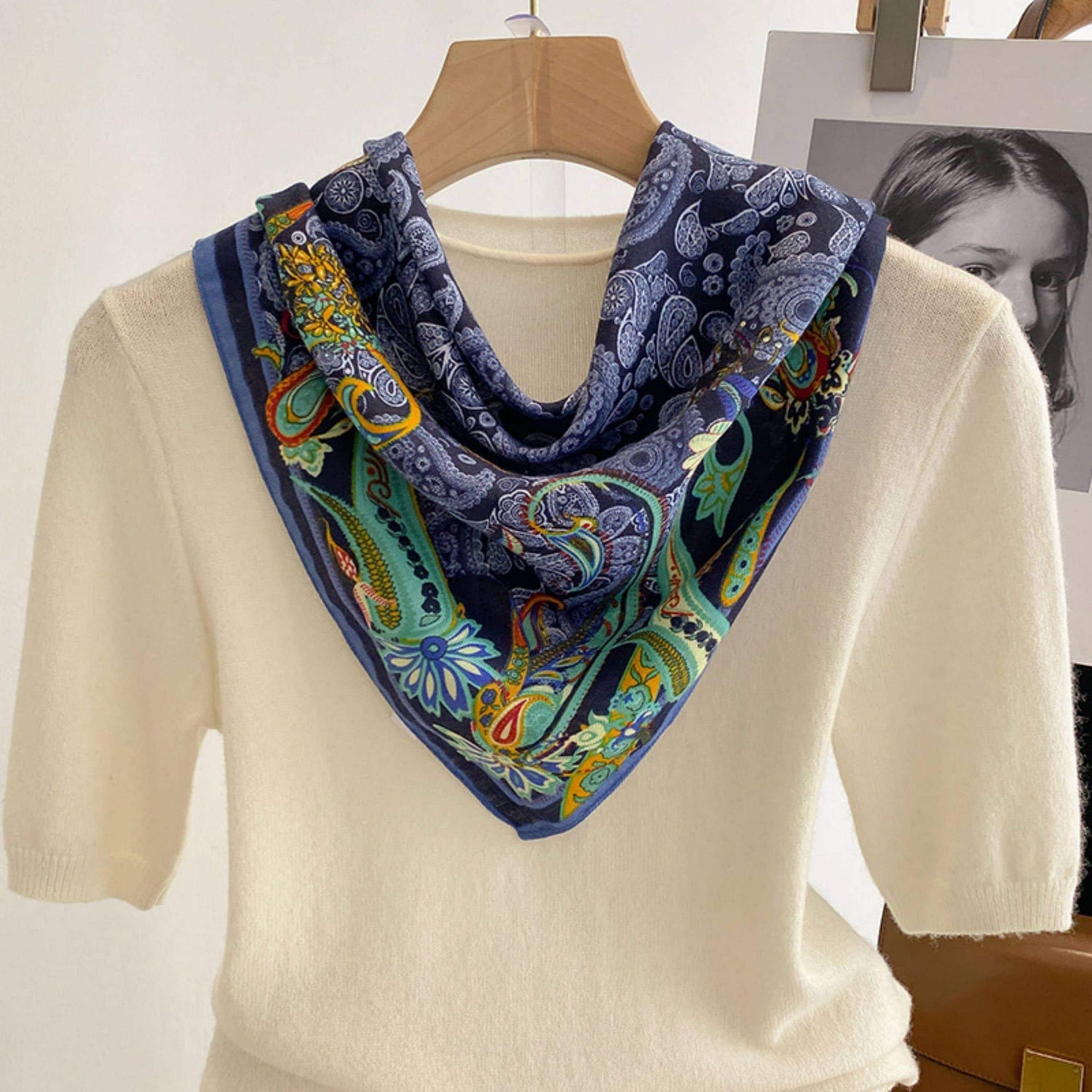 Navy Blue Paisley Pattern Square Scarf/Retro Pattern Cotton and Linen Texture Shawl/Head Scarf for Women/Perfect Gift for Her