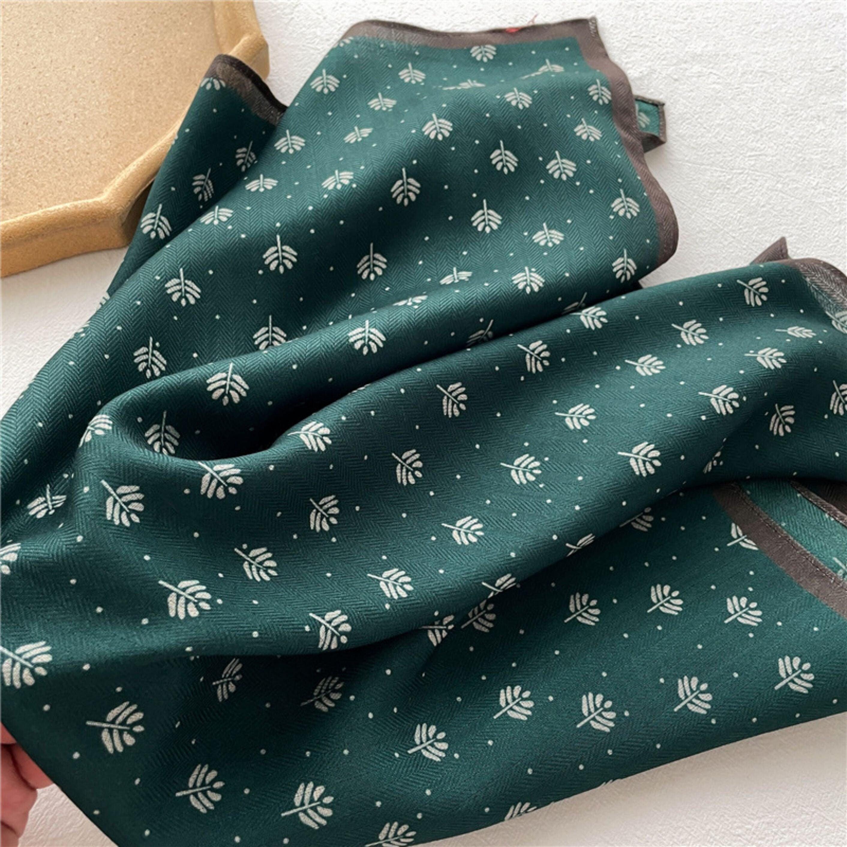 フレッシュリーフプリントスクエアスカーフ/ヘリンボーン織りスクエアスカーフ/レディースネックスカーフ/コットンリネンハンドフィーリングスカーフ/彼女へのギフト