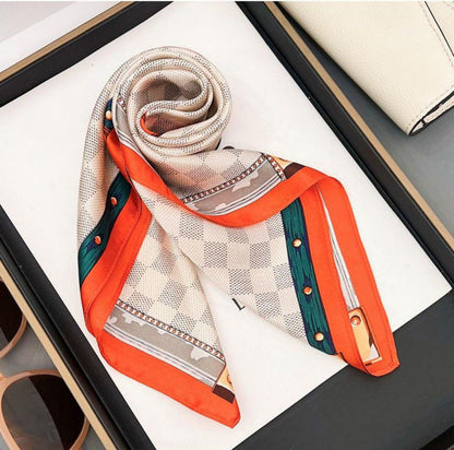 Orange Plaid Print 100% mulberry Silk Scarf/Silk head scarf/Silk hair scarf/Silk neck scarf/Mother&