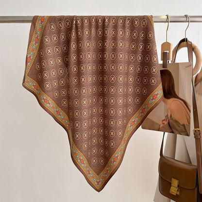 Eleganter quadratischer Schal in Kaffeefarbe/Schal mit Retro-Muster aus Baumwolle und Leinen/Kopftuch für Frauen/Perfektes Geschenk für Sie