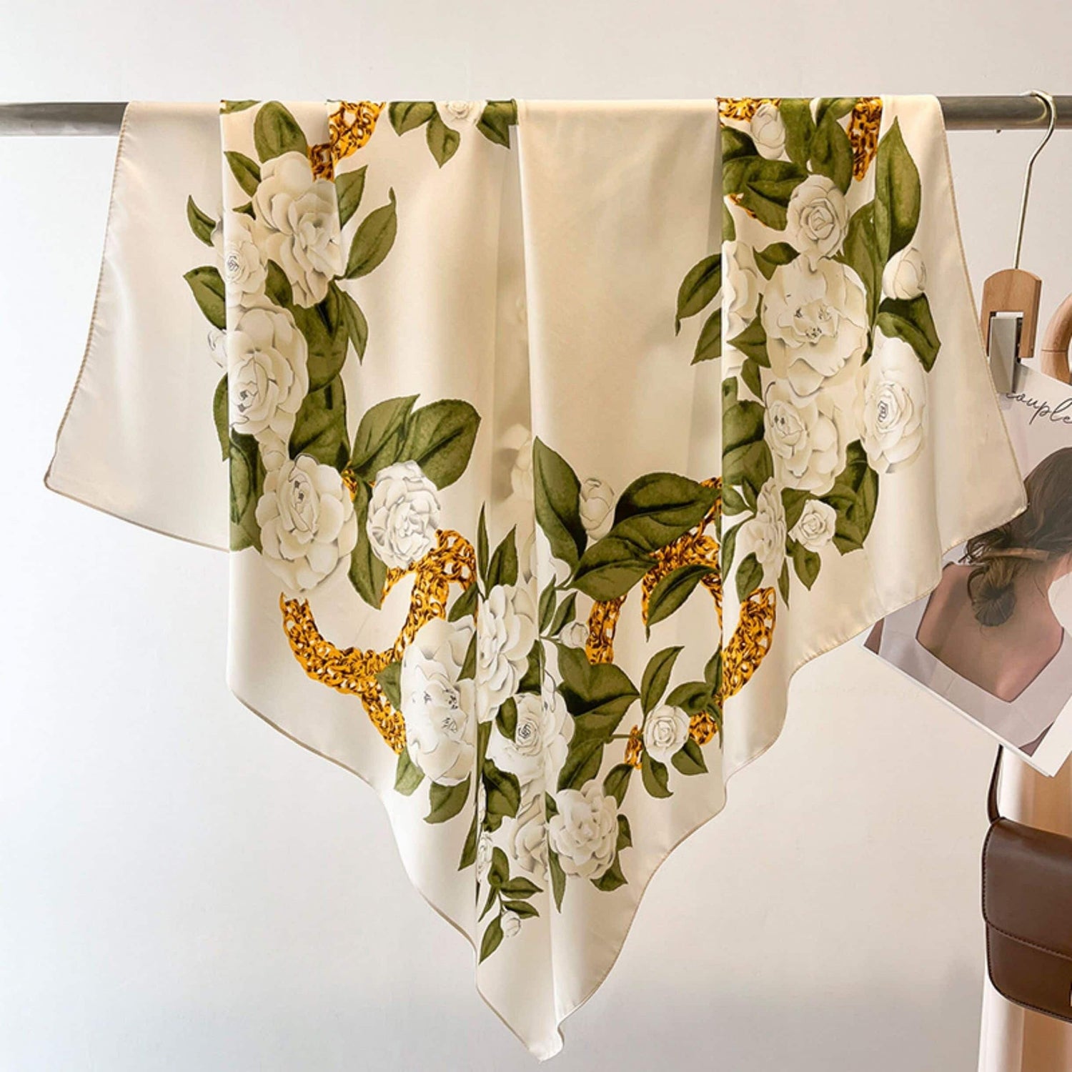 Japanese Rose Pattern Chic Large Satin Scarf | 90x90cm Bandana | Twill Satin Shawl | Perfect Gift for Her, Mother&