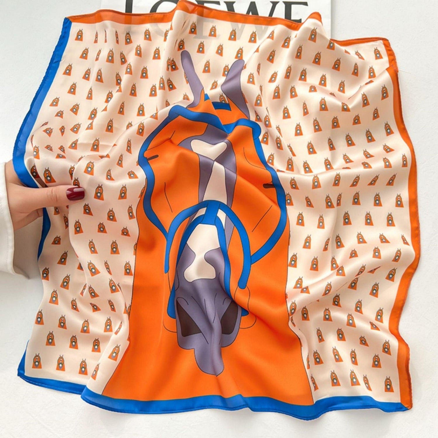 Orange horse print 100% mulberry Silk Scarf/Silk head scarf/Silk hair scarf/Silk neck scarf/Mother&