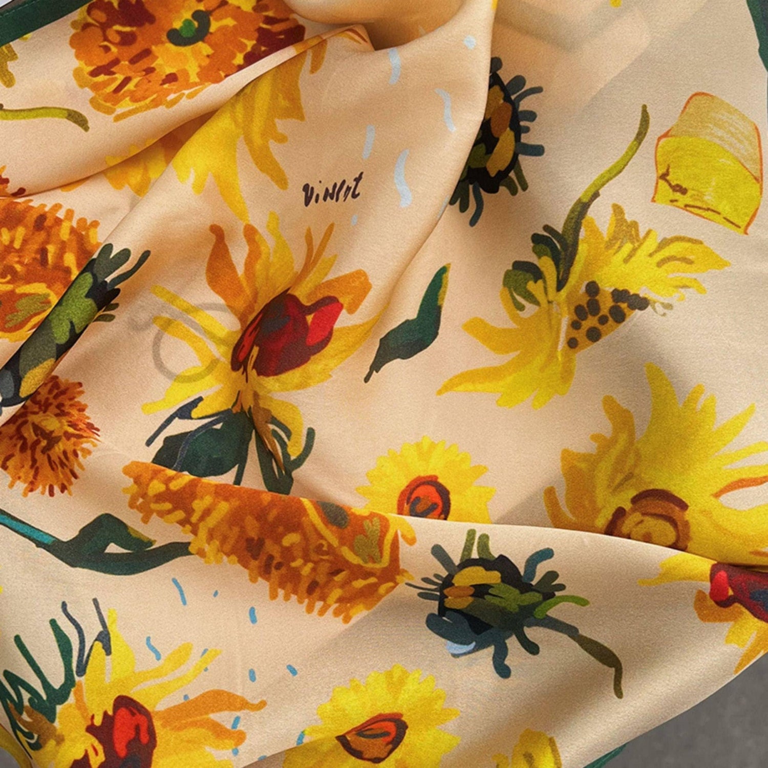 Schal aus 100 % Maulbeerseide/Kopftuch aus Seide/Haarschal aus Seide/Halstuch aus Seide/Muttertagsgeschenke/Taschenaccessoire/Geschenk für Sie/Sonnenblumenmuster