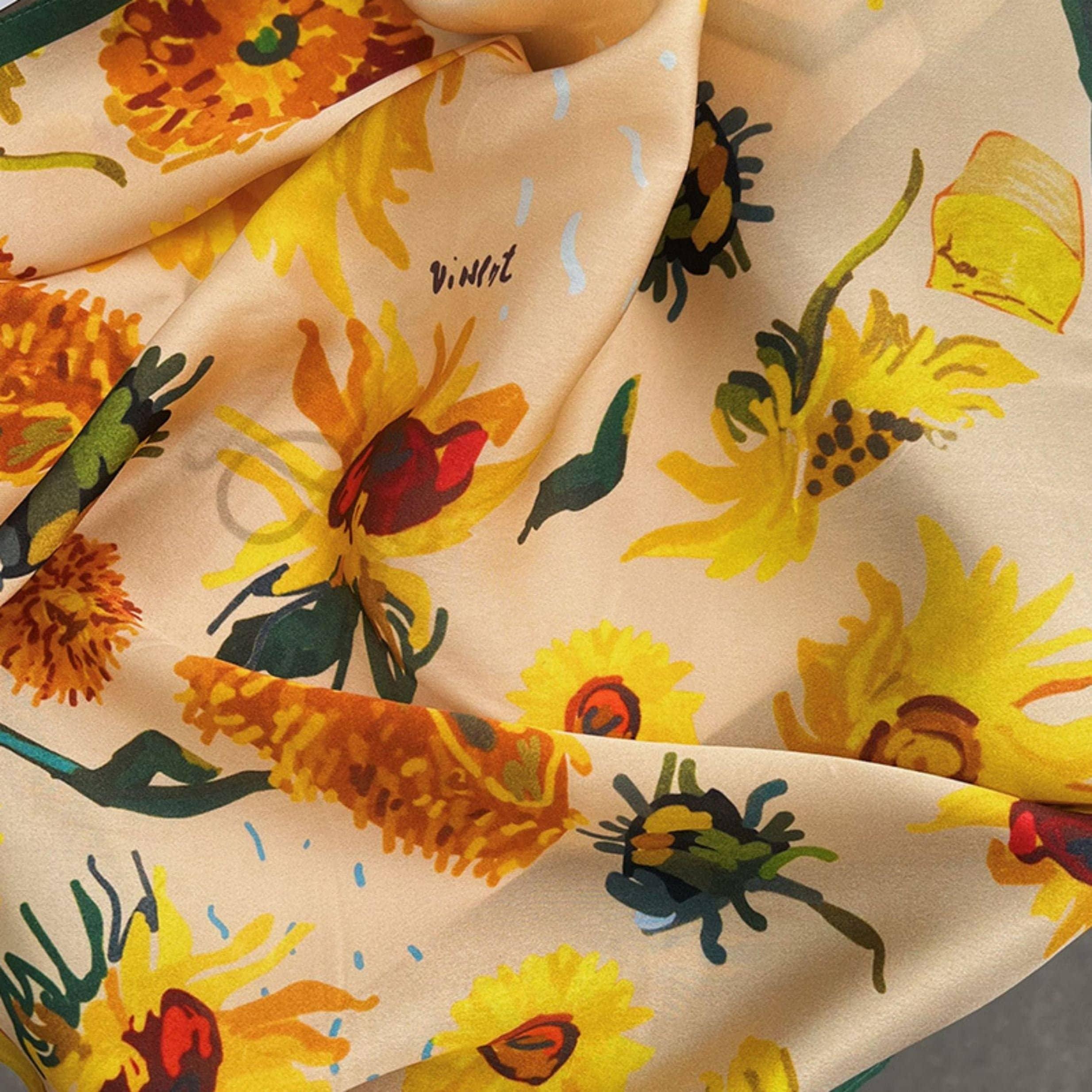 Schal aus 100 % Maulbeerseide/Kopftuch aus Seide/Haarschal aus Seide/Halstuch aus Seide/Muttertagsgeschenke/Taschenaccessoire/Geschenk für Sie/Sonnenblumenmuster