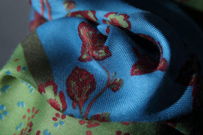 Unique Vintage Inspired Scarf - Screen Printed Twill Woven Shawl - Blue and Green Clashing Print